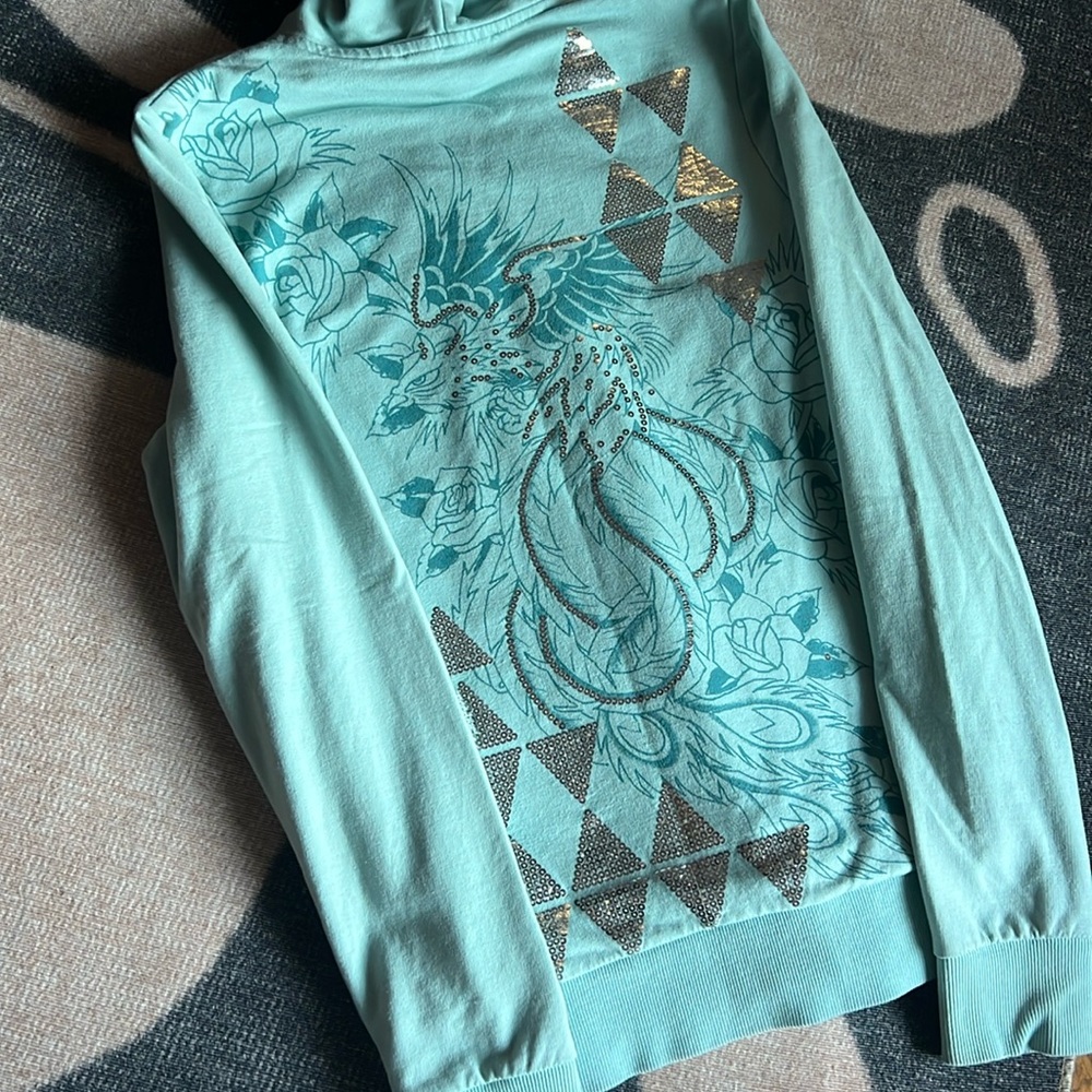 Retro Vintage XS Ed Hardy Light Blue Zip up Hoodie